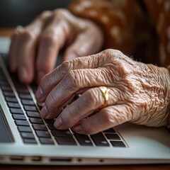 Fototapeta premium A close-up of senior hands typing on a laptop, showcasing seniors confidently using modern technology