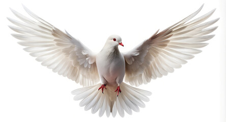 Obraz premium Stunning white dove soaring majestically with outstretched wings, symbolizing peace, hope, and new beginnings in a pure, bright, and ethereal presentation.