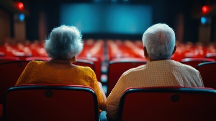 A cultural movie experience for seniors, with an Indian elderly couple watching a classic Bollywood film in a local theater