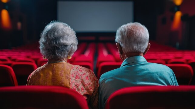 A cultural movie experience for seniors, with an Indian elderly couple watching a classic Bollywood film in a local theater