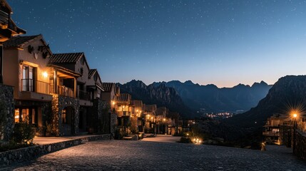 A serene evening view of rustic lodges against a starry sky and mountain backdrop.