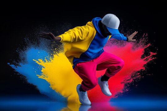 Man in a yellow and blue shirt is jumping in the air. He is wearing a white hat. dynamic, colorful human figure in motion with vibrant energy and artistic splashes of color