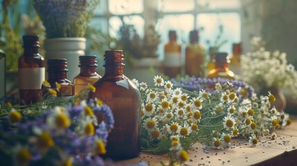 Glass Bottles and Fresh Chamomile Flowers for Herbal Medicine