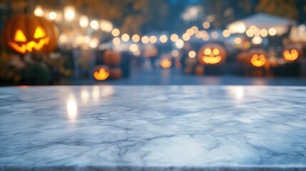 Obraz premium A polished marble table over a blurred Halloween market adorned with glowing pumpkins and eerie decorations, copy space
