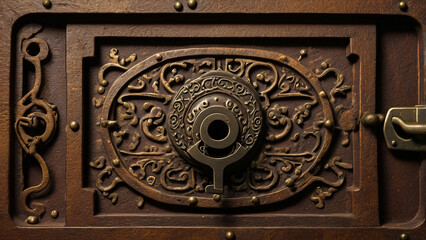 A Kobicha-colored wooden door with a built-in brown designer lock features a creative, unique artwork and classic design. The door boasts an ancient lock system with a keyhole.
