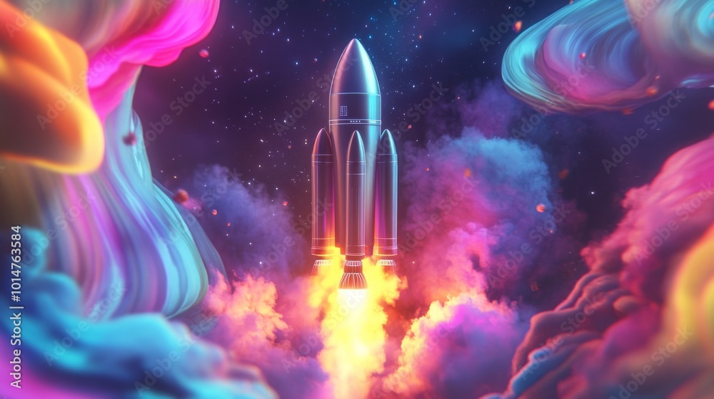Aufkleber a rocket soars upwards, leaving a trail of fiery exhaust as it ascends through colorful clouds in ou