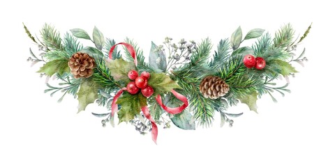 Watercolor garland with berries, fir branches, cones and herbs. Christmas decorative element.	