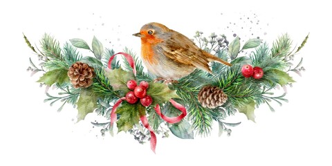 Robin bird. Watercolor garland with berries, fir branches, cones, herbs and red bow. Christmas decorative element.