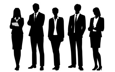 Vector silhouettes of  men and a women, a group of standing   business people, profile, black isolated on white background