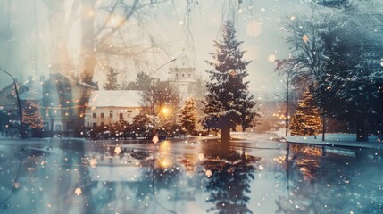 Fototapeta premium A snowy scene with a Christmas tree in the foreground