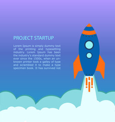 Blue rocket takes off into stars space . business startup text rocketdock, rocket space ship in flat style. concept Start up Business. Vector Illustration.