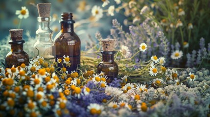 Glass Bottles and Fresh Chamomile Flowers for Herbal Medicine