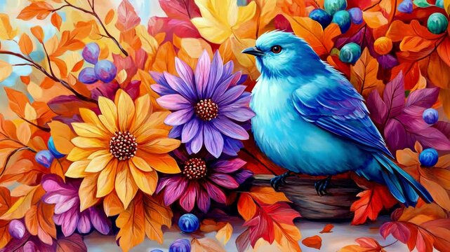 Autumn thanksgiving celebration with bluebird surrounded by colorful leaves and flowers