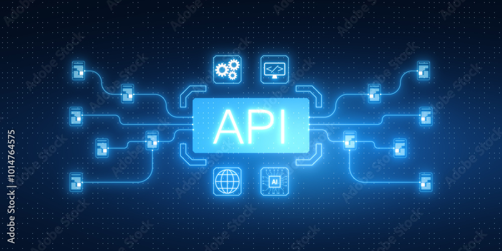 Leinwandbilder Neon API Interface Concept and Connection Scheme. 3D Rendering