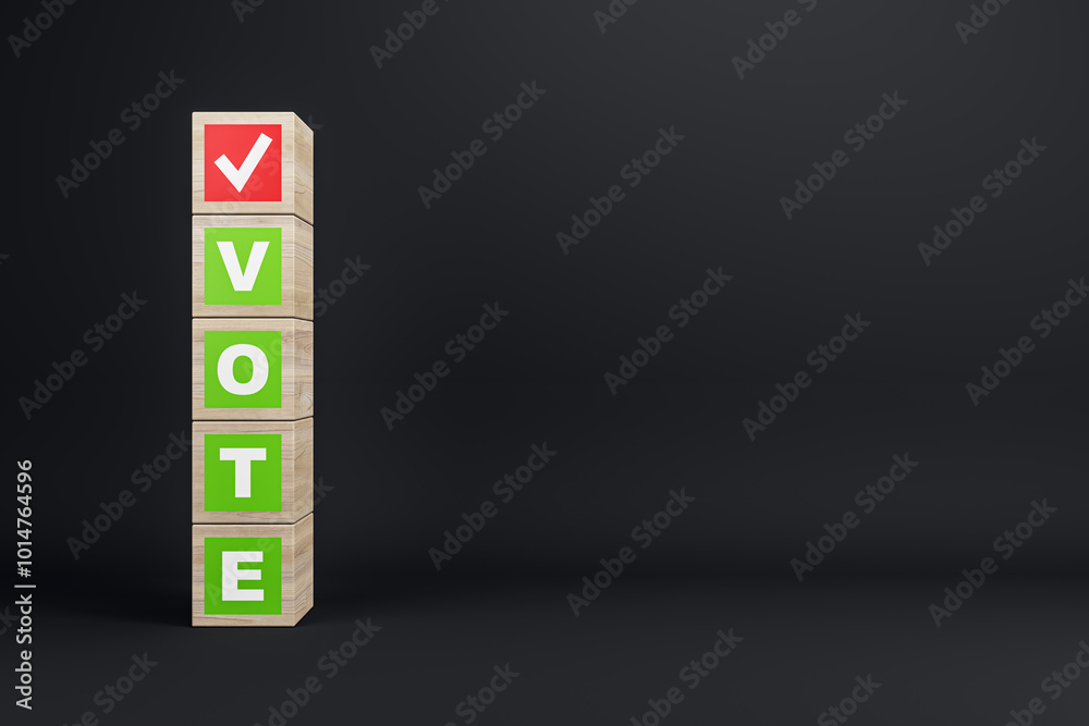 Aufkleber wooden blocks spelling vote with a checkmark on dark background, 2024 election concept. 3d rendering