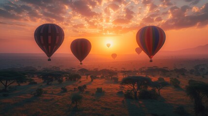 Fototapeta premium Four hot air balloons fly over a savanna during a vibrant sunrise.