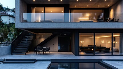 Fototapeta premium Modern architectural design featuring a sleek home with a pool and outdoor seating area.