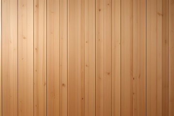Naklejka premium A close-up view of a wooden wall featuring vertical planks. The wood has a warm, natural finish with visible grain patterns and knots, creating a rustic and inviting atmosphere.