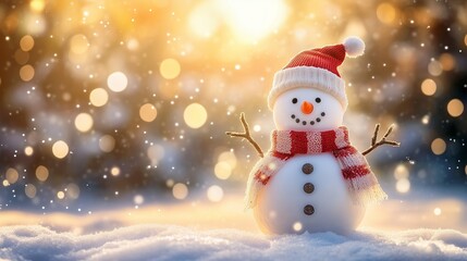 happy cute snowman on winter bokeh background with copy space