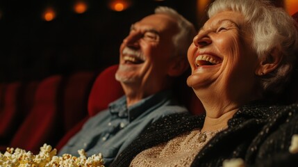 A wide-angle shot of an elderly couple laughing during a funny scene in the cinema, with popcorn scattered