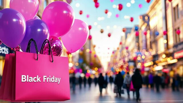 Vibrant black friday sale concept with shopping bags and pink balloons in a busy urban street setting
