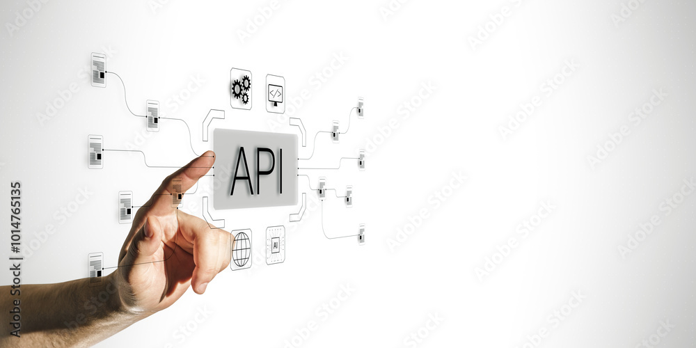 Poster Hand interacting with API concept on a digital background.