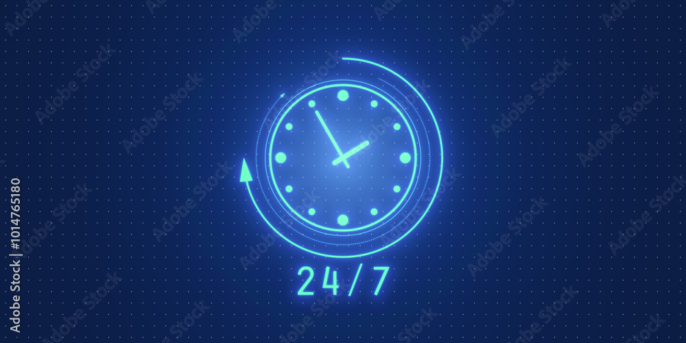 Poster Neon clock icon representing 24 7 time management concept in digital style. 3D Rendering
