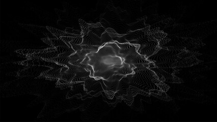 Abstract technology black wave with motion glowing dots. AI in virtual reality on digital background. Particle explosion. Wireframe texture. Dynamic analysis a network connection data.