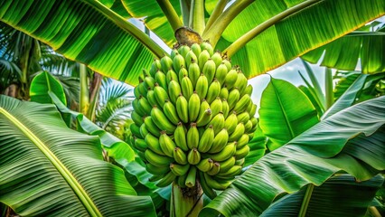 Obraz premium With its rich green leaves and stunning banana heart, this lush banana tree embodies the enchanting allure of tropical beauty in nature's grandeur.