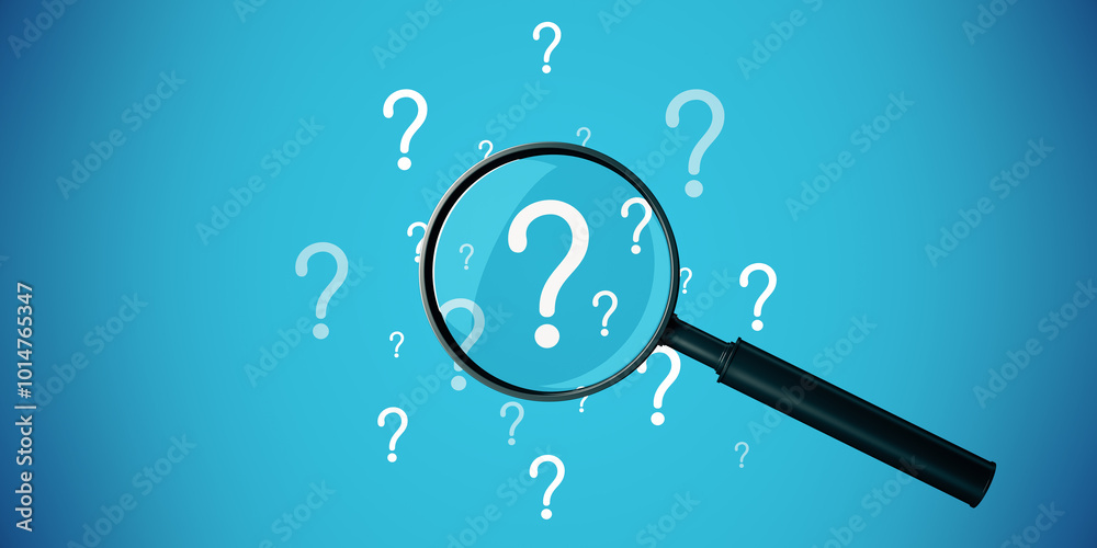 Poster Magnifying glass highlighting question marks on a blue background. 3D Rendering