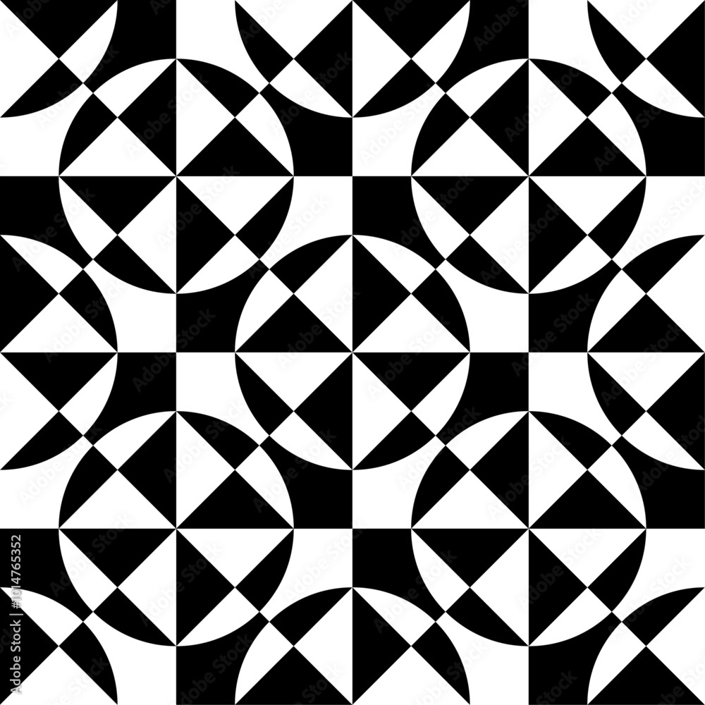 Fototapete Optical stylish pattern of circles inside rhombuses, and with squares inside. Black and white complex pattern, stylish retro geometry.