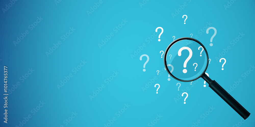 Poster question mark icons with magnifying glass on blue background. 3d rendering