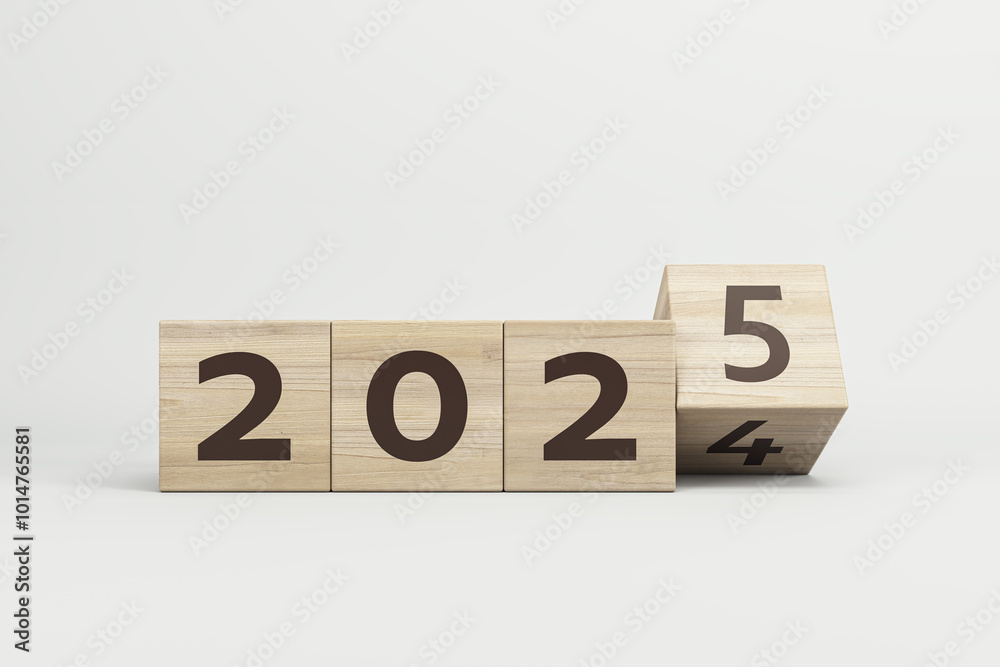 Poster Concept of 2025 with wooden blocks on a plain background. 3D Rendering