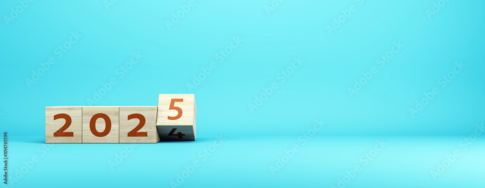 Poster wooden blocks displaying the year 2025 concept on a blue background. 3d rendering