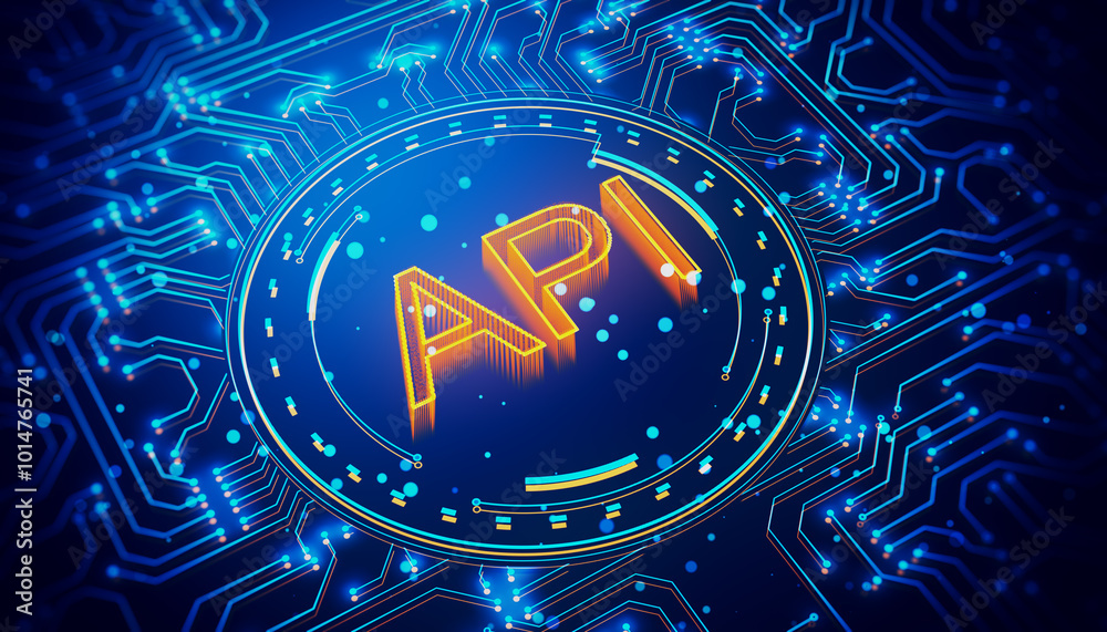Aufkleber Digital API concept on a circuit board background with neon elements. 3D Rendering