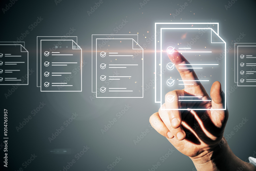 Poster Hand interacting with digital documents and checklists in a virtual space.