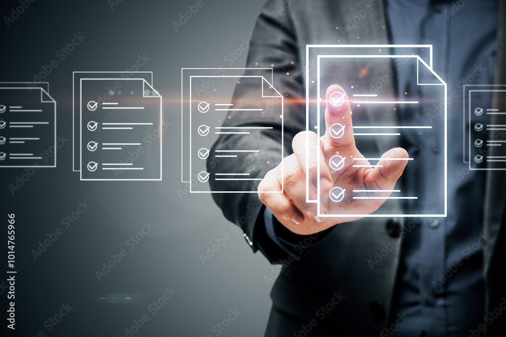 Poster Digital document management system concept with a virtual interface and background.