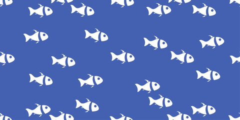 Identical and simple white fish on a blue seamless fabric. Stylish fish background.