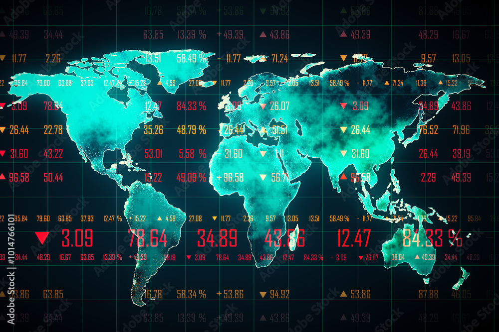 Poster Digital world map with financial data display. 3D Rendering
