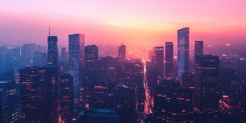 Fototapeta premium A stunning city skyline at sunset, capturing vibrant colors and silhouette of modern skyscrapers against a dramatic sky.