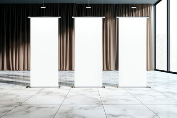 Clean exhibition space with blank roll-up banners and elegant curtains. 3D Rendering