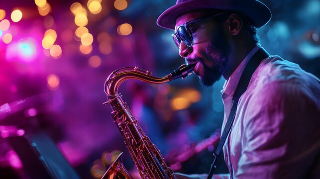 a passionate jazz musician in a club surrounded by music