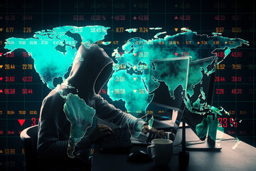 Digital world map with hacker at computer, financial data overlay.