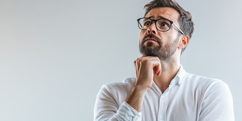 A thoughtful man in glasses contemplating ideas against a neutral background. A perfect representation of deep reflection and curiosity.