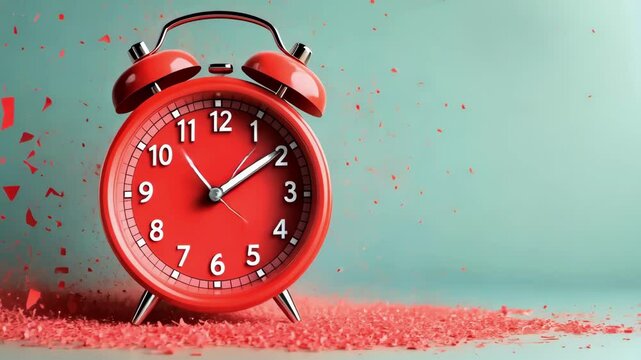 Flash sale promotion concept with red alarm clock and exploding pink elements on green background