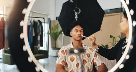 Artist, studio and makeup for man, photoshoot and preparing for fashion show, creative and...