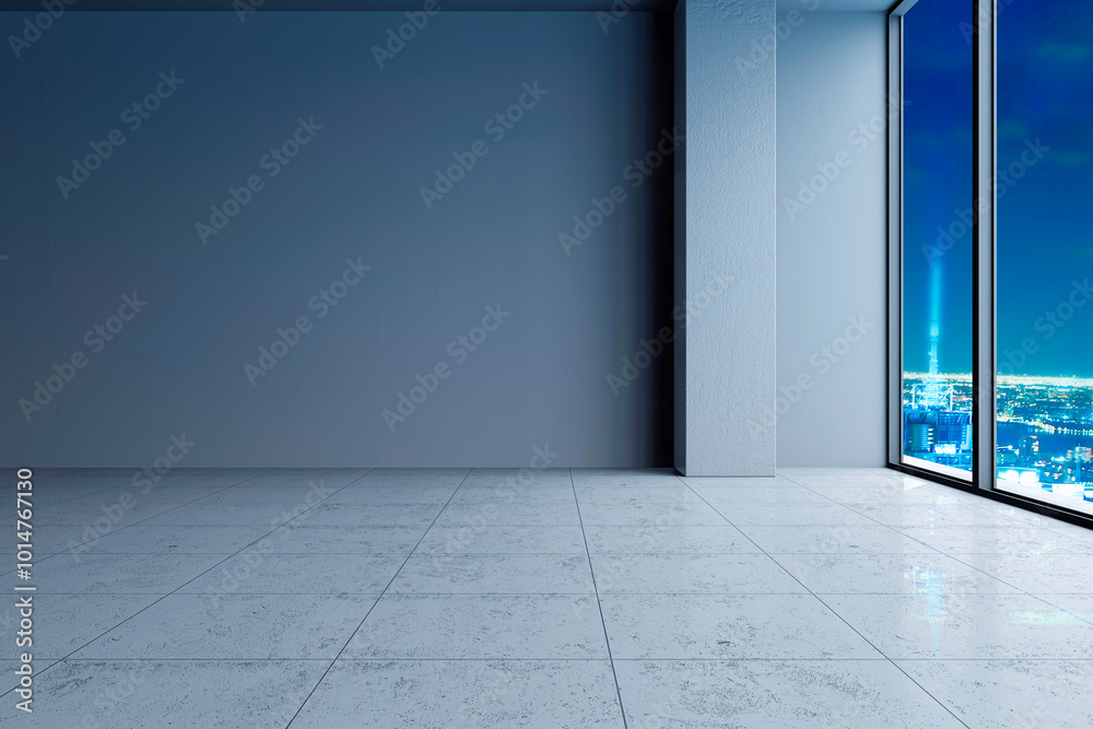 Poster empty office room with a city view at night. 3d rendering