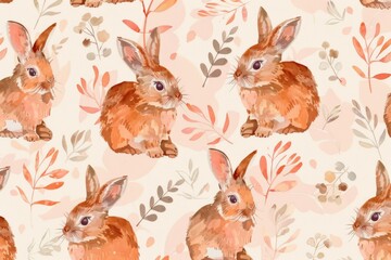 Obraz premium Adorable watercolor rabbits with autumn leaves in a seamless pattern, perfect for seasonal designs, textiles, and wallpapers.