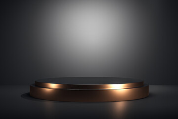 Modern pedestal display with golden accents on a clean background. 3D Rendering