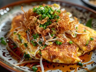 Crispy Fried Omelette with Bean Sprouts and Fried Onions